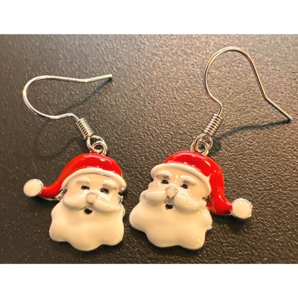 Santa Claus Dangling Hook Earrings Holiday Festive Jewelry Red & White - Picture 3 of 5
